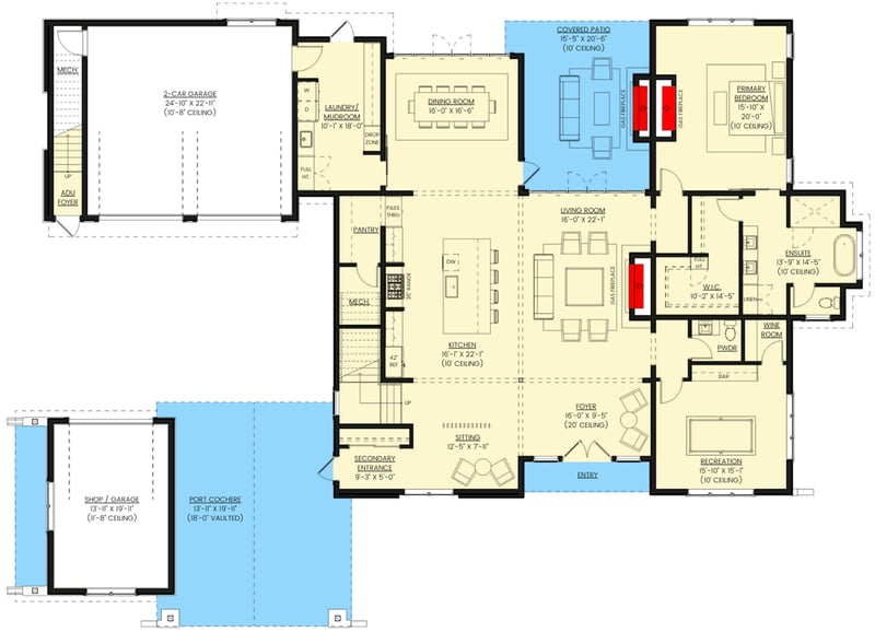 Plan 330016WLE: Rustic Mountain House Plan ADU Above Garage - 5643 Sq Ft - Floor Plan - Main Level - Craftsman, Mountain, New American, Rustic, Transitional