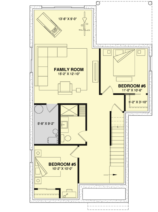 Plan 22684DR: 6-Bed Scandinavian Style House Plan with Finished Lower Level - 3018 Sq Ft - Floor Plan - Lower Level - Farmhouse, Modern Farmhouse, Scandinavian, Transitional