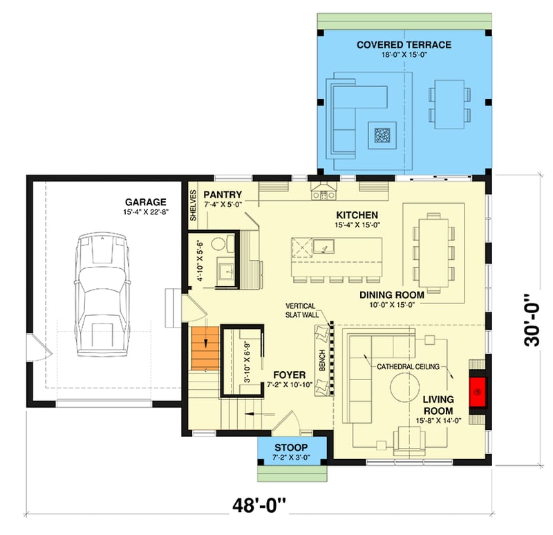 Plan 22687DR: New American Modern Farmhouse House Plan with Home Office and Upstairs Laundry - 1845 Sq Ft - Floor Plan - Main Level - Modern Farmhouse, New American, Transitional
