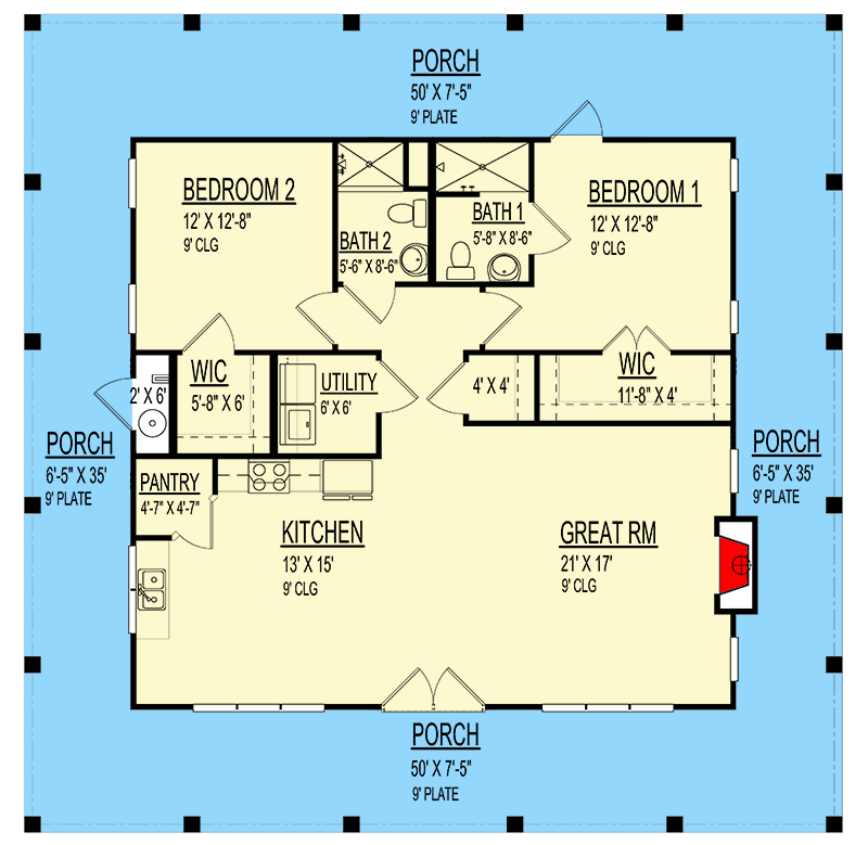 Plan 264054KMD: Country House Plan with Full Wrap Around Porch - 1303 Sq Ft - Floor Plan - Main Level - Country, Traditional