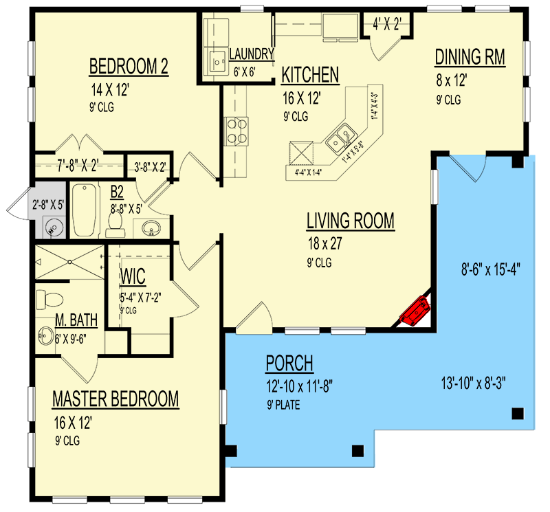 Plan 264055KMD: Hill Country House Plan with L-Shaped Front Porch - 1434 Sq Ft - Floor Plan - Main Level - Hill Country, Rustic