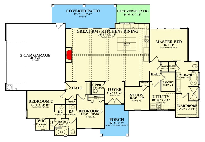 Plan 264058KMD: One-Story House Plan with Board and Batten Exterior and 3 Beds Inside - 2469 Sq Ft - Floor Plan - Main Level - Ranch, Traditional