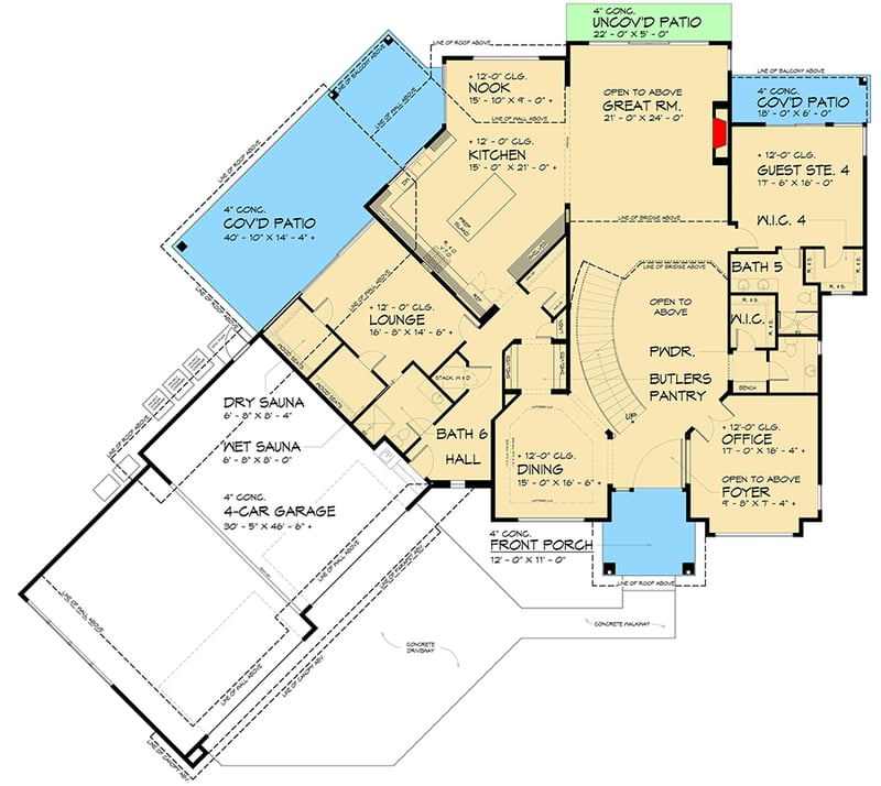 Plan 666257RAF: 4 Bed Luxury Modern House Plan with Angled 4-Car Garage - 6589 Sq Ft - Floor Plan - Main Level - Contemporary, Mid Century Modern, Modern, Northwest