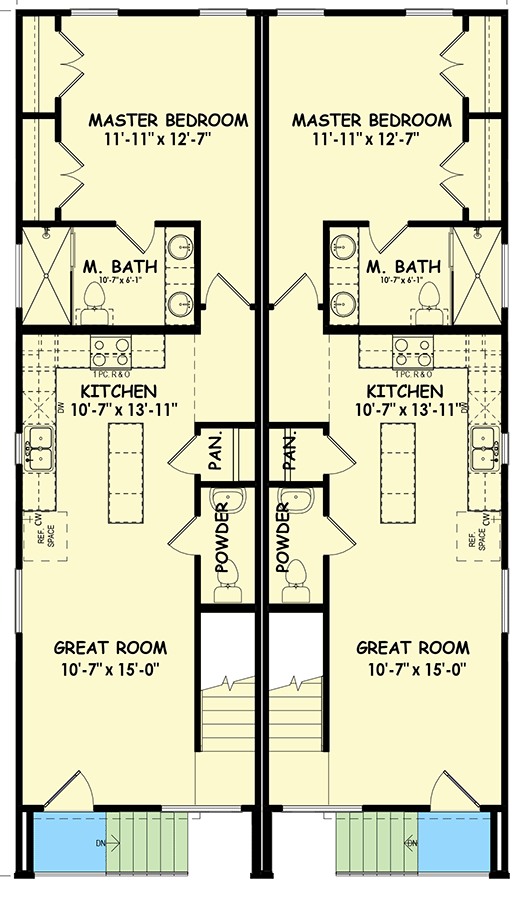 Plan 100322GHR: Contemporary Duplex House Plan with 3 Bed Units - 1266 Sq Ft Each - Floor Plan - Main Level - Contemporary, Modern