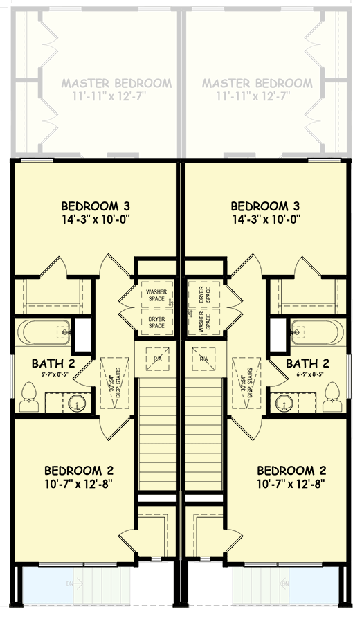 Plan 100322GHR: Contemporary Duplex House Plan with 3 Bed Units - 1266 Sq Ft Each - Floor Plan - 2nd Floor - Contemporary, Modern