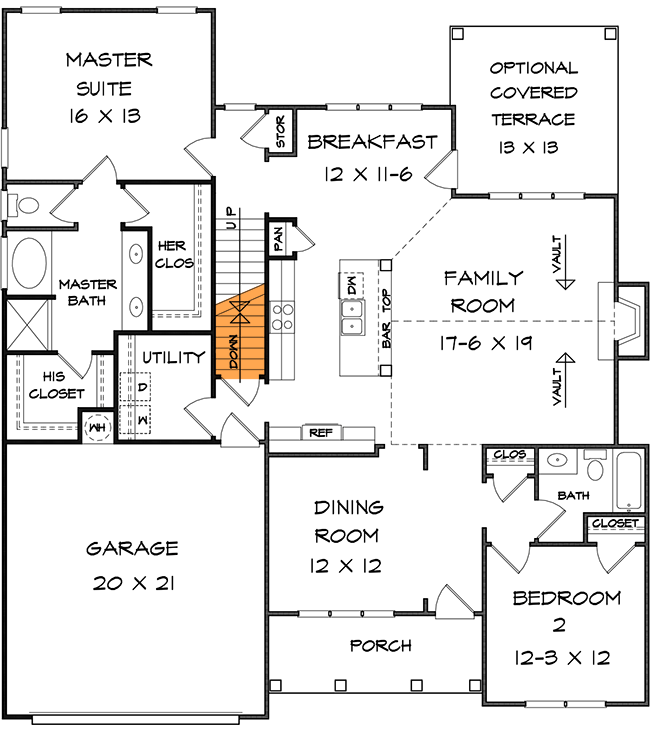 Plan 36038DK: Traditional House Plan with Vaulted Family Room - 2291 Sq Ft - Floor Plan - Basement Stairs Location - Country, Craftsman, New American, Traditional