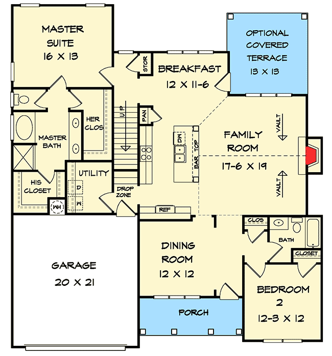 Plan 36041DK: Traditional House Plan with Vaulted Family Room - Floor Plan - Main Level - Cottage, Country, Craftsman, New American, Traditional