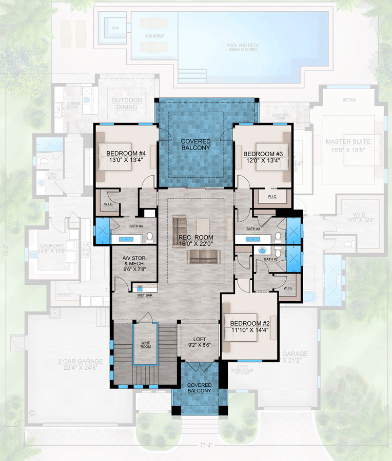 Plan 86145BW: Coastal Contemporary House Plan with Upstairs Rec Room and Balcony - 4783 Sq Ft - Floor Plan - 2nd Floor - Coastal Contemporary, European, Florida-Style, Transitional