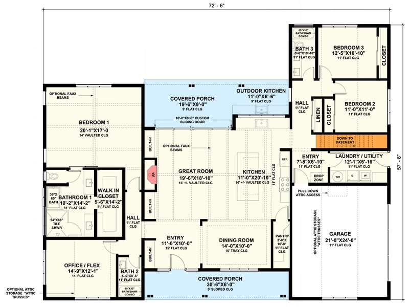 Plan 420131WNT: Modern Farmhouse with Great Indoor and Outdoor Spaces - 2600 Sq Ft - Floor Plan - Basement Stairs Location - Craftsman, Farmhouse, Modern Farmhouse, New American