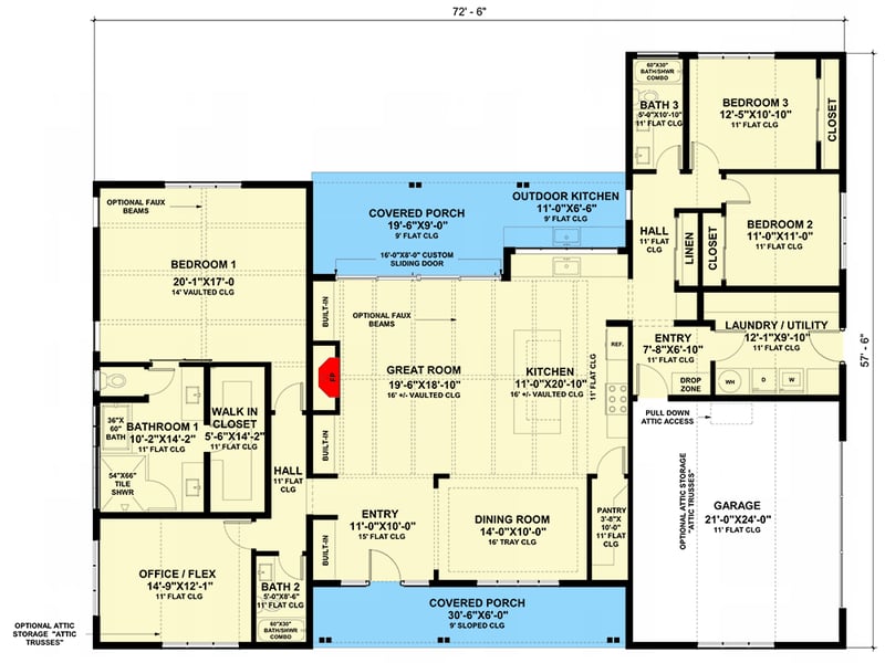 Plan 420131WNT: Modern Farmhouse with Great Indoor and Outdoor Spaces - 2600 Sq Ft - Floor Plan - Main Level - Craftsman, Farmhouse, Modern Farmhouse, New American