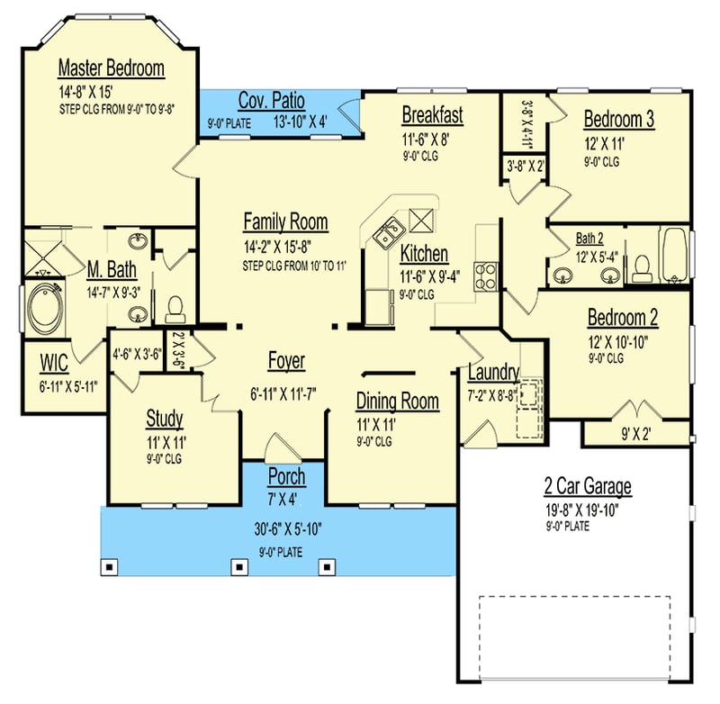 Plan 264076KMD: Country House Plan with Stone Exterior and Formal and Informal Dining - 1924 Sq Ft - Floor Plan - Main Level - Country, Traditional