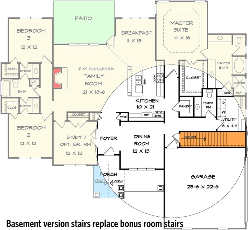Plan 36054DK: Corner Lot Craftsman House Plan - Floor Plan - Basement Stairs Location - Craftsman, Northwest
