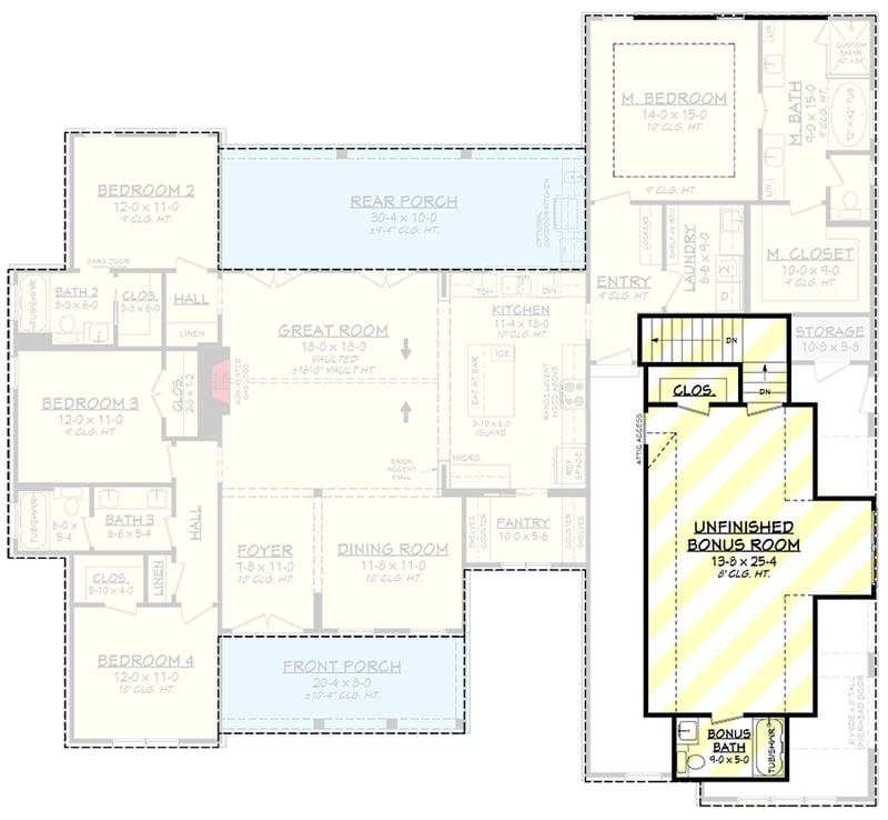 Plan 51960HZ: Country Farmhouse Plan with 4 Bed 3.5 Bath Plus a Bonus Room Above - 2278 Sq Ft - Floor Plan - Bonus Room - Country, Craftsman, Farmhouse, Traditional