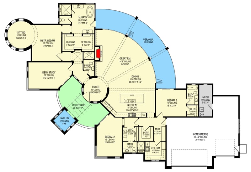 Plan 290176IY: Transitional House Plan with Indooor-Outdoor Living and a Curved Veranda - 3771 Sq Ft - Floor Plan - Main Level - Contemporary, European, Transitional, Tuscan