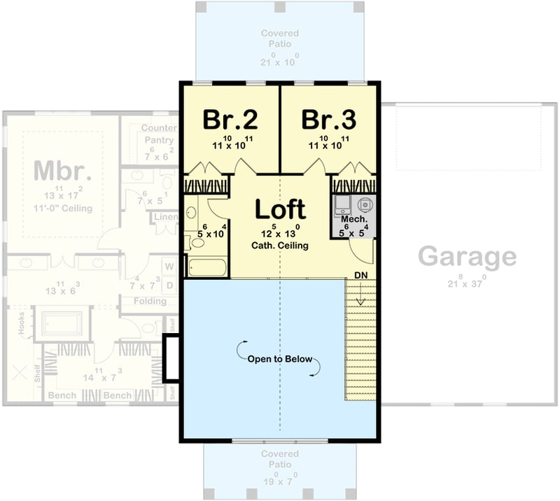 Plan 623330DJ: Barndominium-Style House Plan with Master On Main and Two Upstairs Beds - 2519 Sq Ft - Floor Plan - 2nd Floor - Barndominium, Country, Traditional