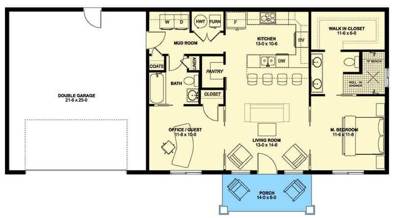 Plan 67823MG: 2-Bed Compact Craftsman House Plan with 2-Car Garage - 988 Sq Ft - Floor Plan - Main Level - Country, Craftsman, New American