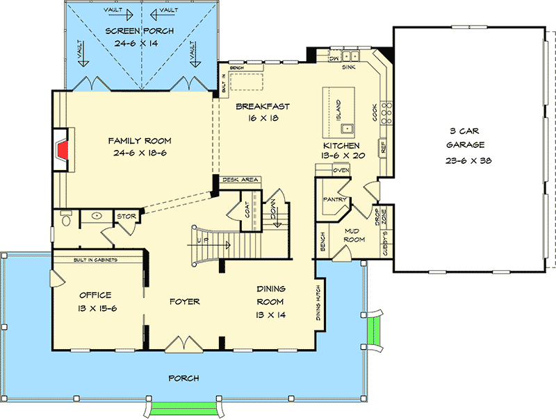 Plan 36064DK: Spacious Farmhouse with Bonus Room - Floor Plan - Main Level - Country, Farmhouse, Traditional