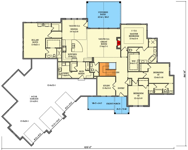 Plan 95246RW: Multi-Generational House Plan with 4-Car Angled Garage - 2998 Sq Ft - Floor Plan - Main Level - Craftsman, New American