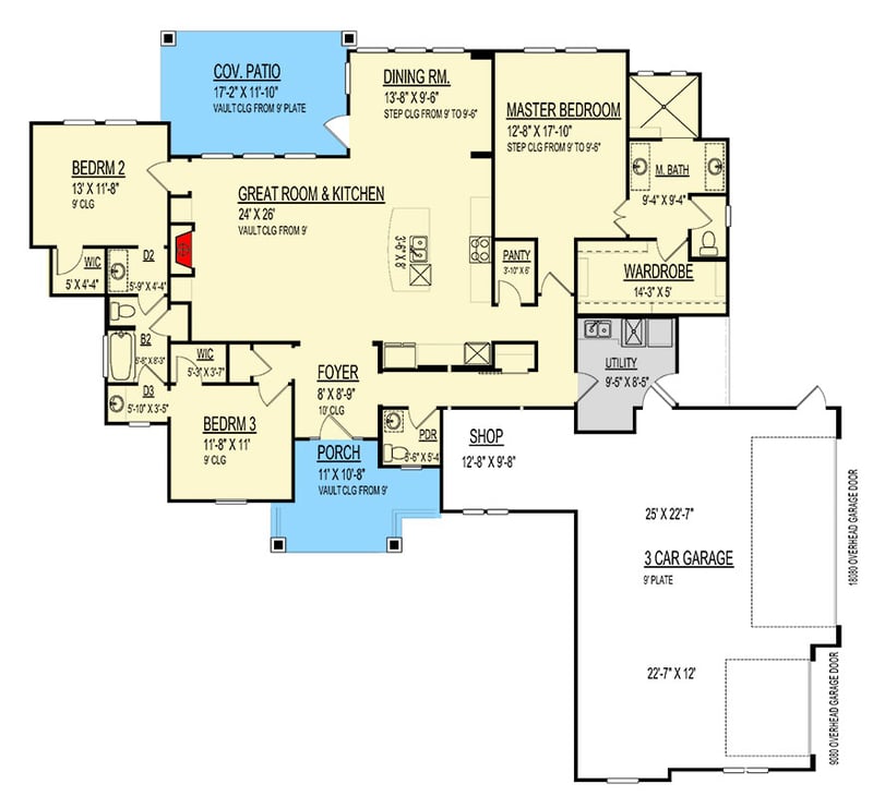 Plan 264085KMD: Hill Country House Plan with Split Bed Layout and a Vaulted Open Floor Plan - 2135 Sq Ft - Floor Plan - Main Level - Country, Hill Country