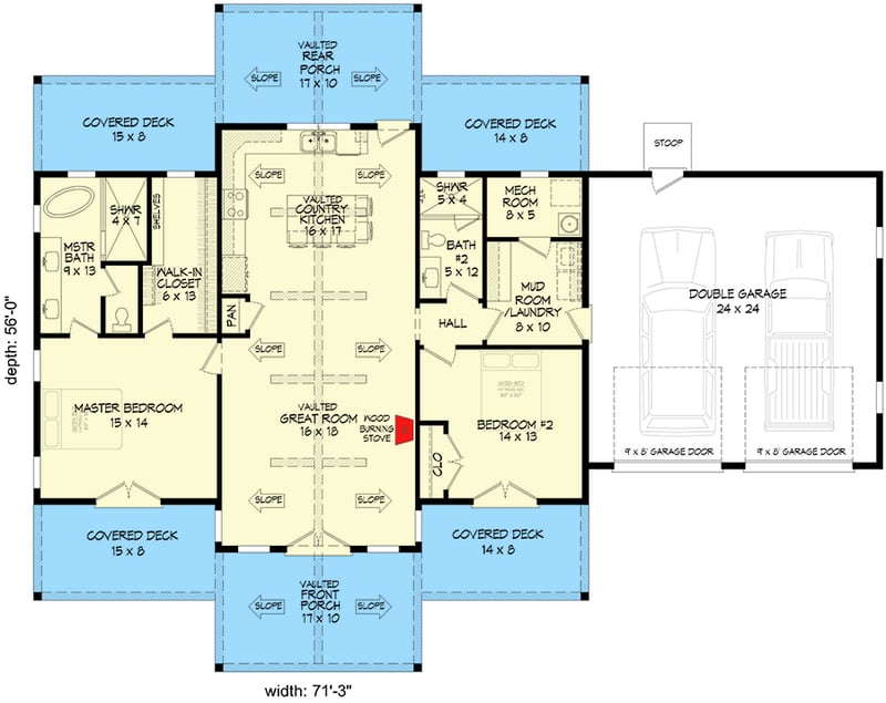 Plan 680293VR: 2-Bed Cabin House Plan with Vaulted Interior and a 2-Car Garage - 1442 Sq Ft - Floor Plan - Main Level - Contemporary, Mountain, Ranch
