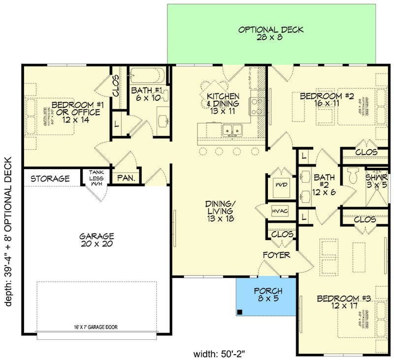 Plan 680295VR: Ranch House Plan with Flex Room and Jack and Jill Bath - 1329 Sq Ft - Floor Plan - Main Level - Country, Craftsman, Mountain