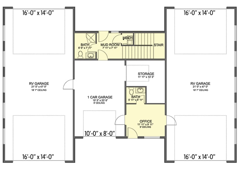Plan 61494UT: Twin RV-Friendly Garage with 1-Bed Apartment Above - Floor Plan - Main Level - Contemporary, Traditional