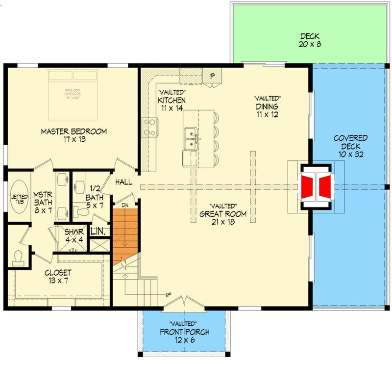 Plan 680298VR: 4-Bed Rustic Country Home Plan with Two Story Great Room  - Floor Plan - Main Level - Country, Mountain, New American, Rustic, Vacation