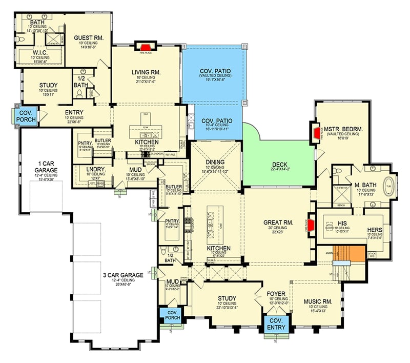 Plan 290180IY: 5-Bed Southern Traditional Home Plan with Two Story Great Room and Oversized Apartment- 7644 Sq Ft - Floor Plan - Main Level - Country, New American, Southern, Southern Traditional, Traditional