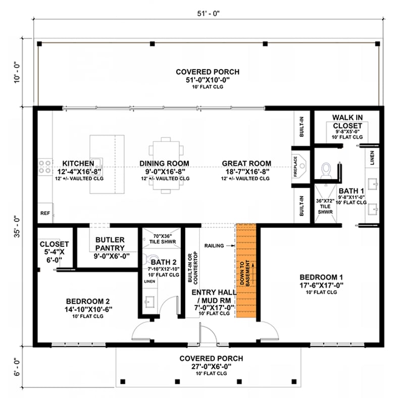 Plan 420140WNT: Rustic New American Home Plan with Vaulted Great Room - 1785 Sq Ft - Floor Plan - Basement Stairs Location - Country, Modern Farmhouse, New American, Ranch