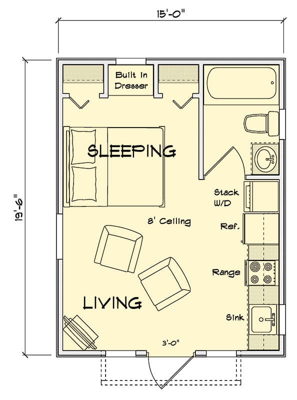 Plan 52344WM: ADU Cottage with Tidy Open Space - 292 Sq Ft - Floor Plan - Main Level - Cabin, Cottage, Traditional