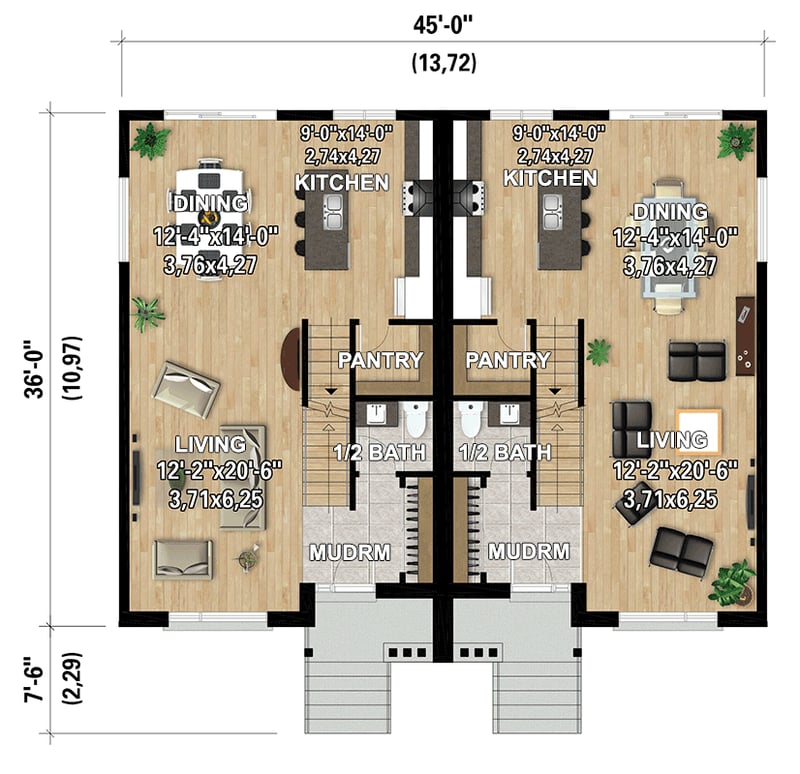 Plan 801171PM: Duplex House Plan with 3 Bed Units with 1 Car Drive Under Garage - 2112 Sq Ft Each - Floor Plan - Main Level - Contemporary, Modern, Transitional