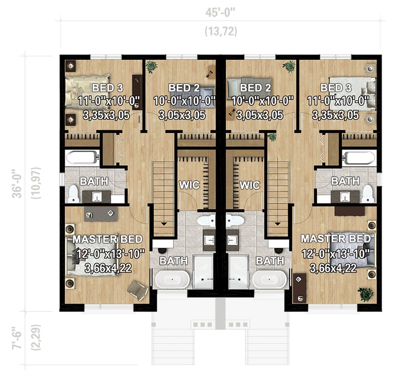Plan 801171PM: Duplex House Plan with 3 Bed Units with 1 Car Drive Under Garage - 2112 Sq Ft Each - Floor Plan - 2nd Floor - Contemporary, Modern, Transitional