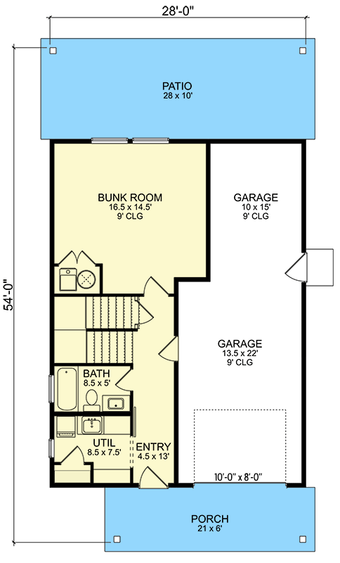 Plan 580074DFT: Modern Mountain Cabin with Bunk Room and Upstairs Common Living - 1493 Sq Ft - Floor Plan - Main Level - Cabin, Modern, Mountain, Northwest