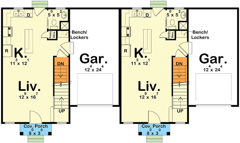 Plan 623342DJ: Duplex House Plan with Side-By-Side 3-Bedroom Units - 1277 Sq Ft Each - Floor Plan - Main Level - Modern Farmhouse, New American, Traditional
