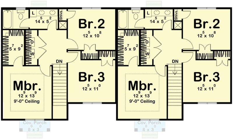 Plan 623342DJ: Duplex House Plan with Side-By-Side 3-Bedroom Units - 1277 Sq Ft Each - Floor Plan - 2nd Floor - Modern Farmhouse, New American, Traditional