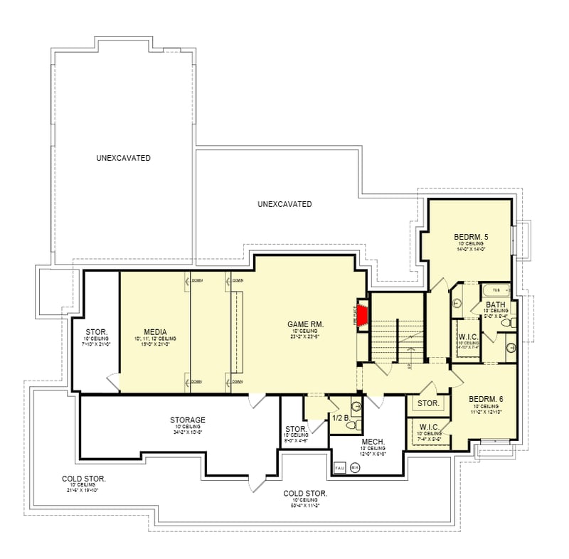 Plan 290189IY: 6 Bed Modern Farmhouse Plan with Large Front Porch - 3685 Sq Ft - Floor Plan - Lower Level - Country, Farmhouse, Modern Farmhouse, New American
