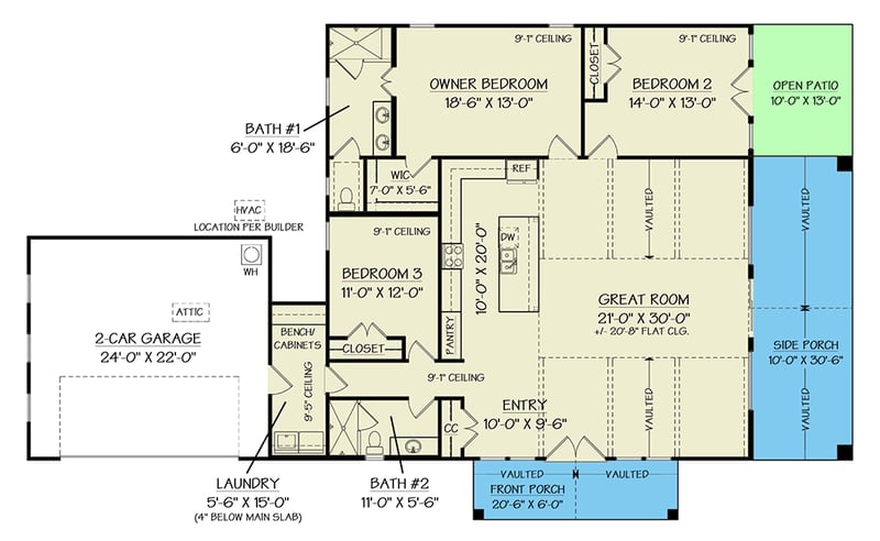 Plan 12332JL: 1-Story Barndominium-Style House Plan with Front and Side Porches - 1983 Sq Ft - Floor Plan - Main Level - Barndominium, Country, Mountain, Ranch, Rustic
