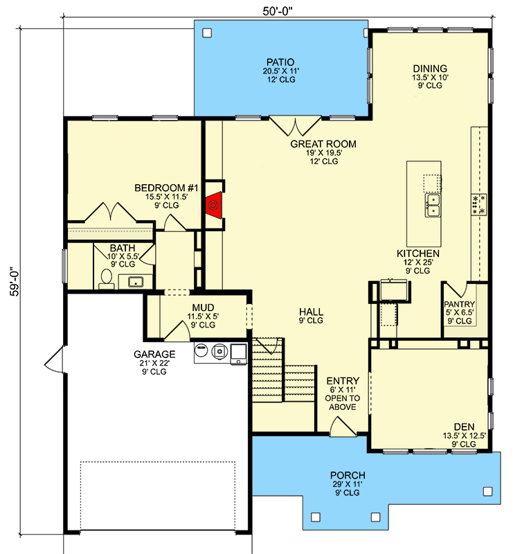 Plan 580084DFT: Two-Story Craftsman Home Plan with Bonus Space and Den - 3354 Sq Ft - Floor Plan - Main Level - Country, Craftsman, New American, Traditional