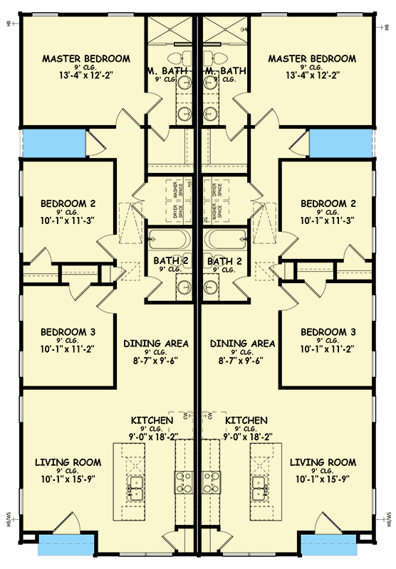 Plan 100324GHR: New American Duplex House Plan with 3 Bed 2 Bath Units - 1143 Sq Ft - Floor Plan - Main Level - Country, New American, Traditional