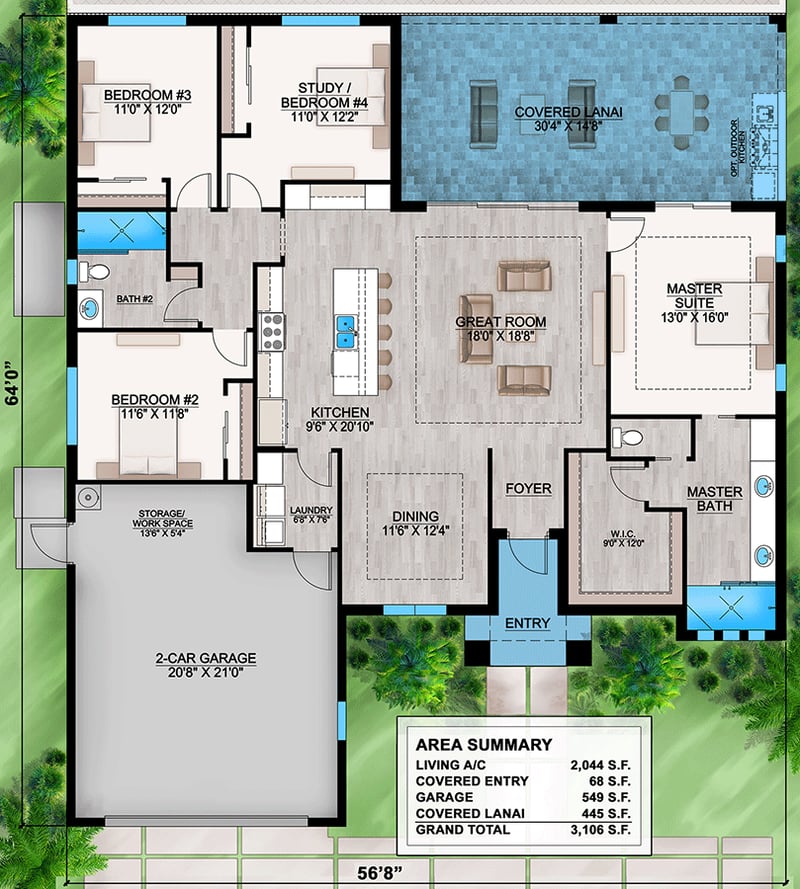 Plan 86148BW: Coastal Contemporary House Plan with Flex and Dining Rooms - 1960 Sq Ft - Floor Plan - Main Level - Coastal Contemporary, European, Florida-Style, Mediterranean, Transitional