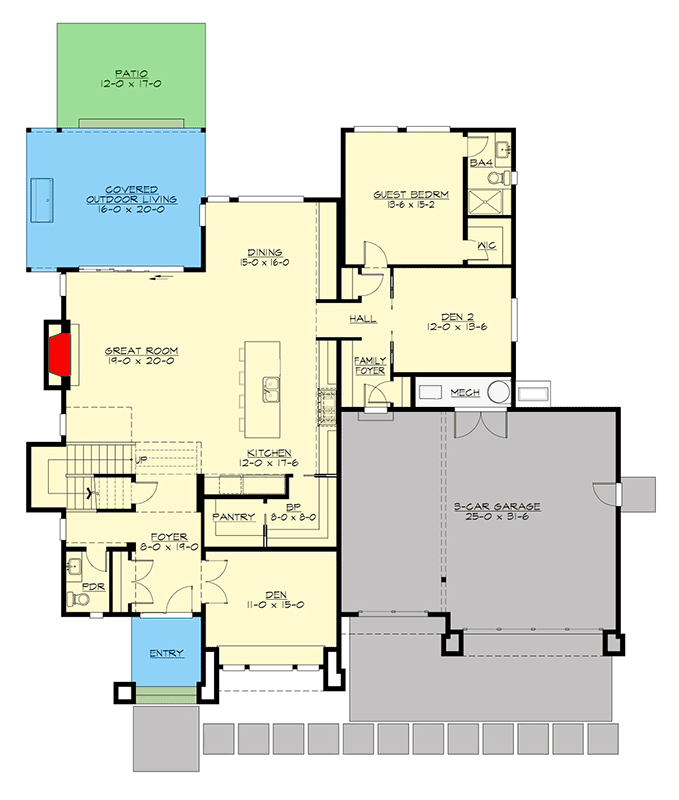 Plan 23969JD: Modern Northwest-Style House Plan with Two Dens and a Bonus Room - 4255 Sq Ft - Floor Plan - Main Level - Contemporary, Modern, Northwest