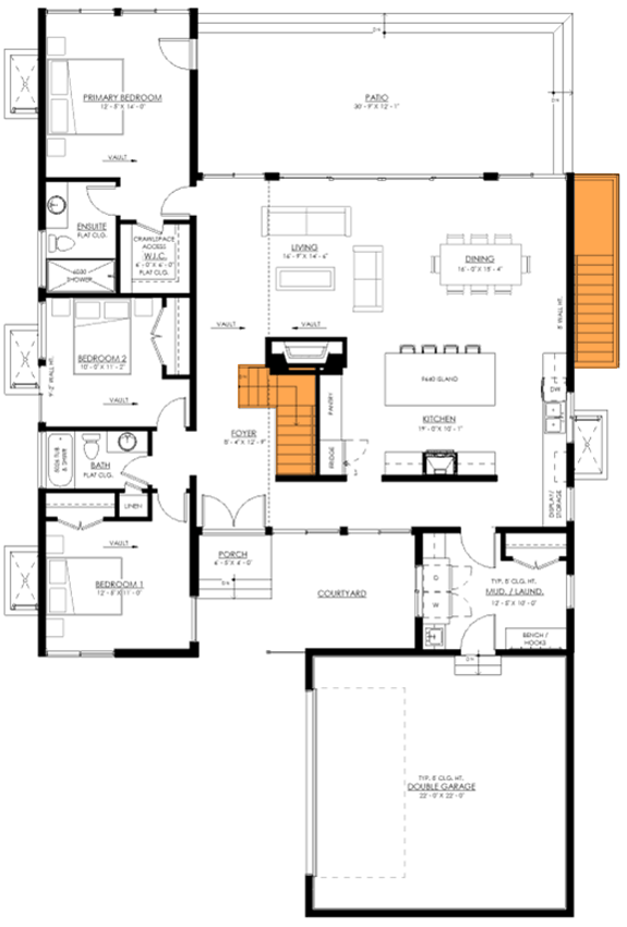 Plan 270096AF: Mid-Century Modern House Plan with Entry Courtyard - 1901 Sq Ft - Floor Plan - Main Level - Basement Option Stair Location - Contemporary, Mid Century Modern, Modern