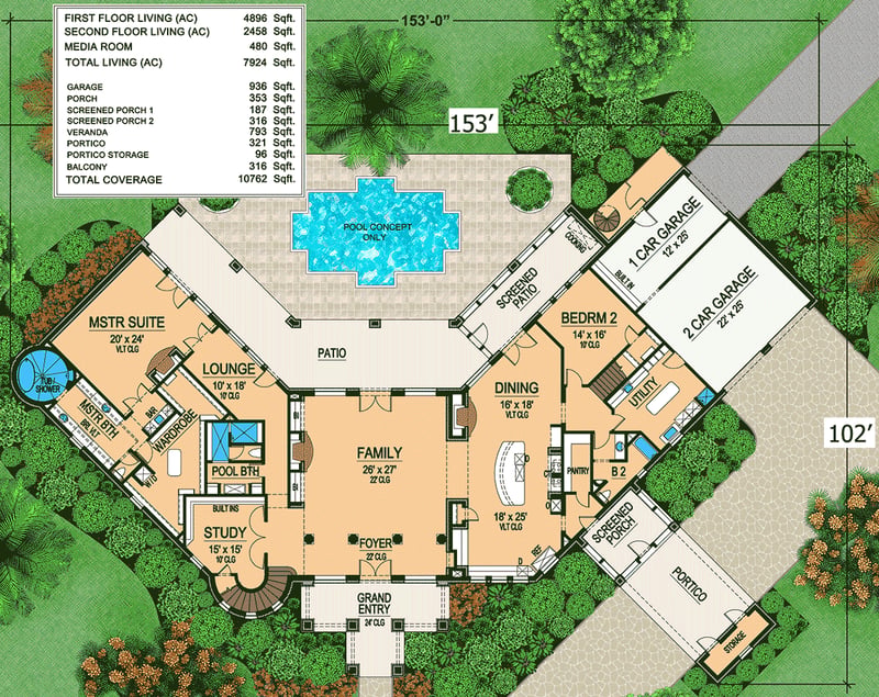 Plan 36174TX: Palatial Living - Floor Plan - Main Level - European, French Country