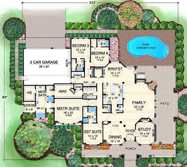 Plan 36181TX: 4-Bed House Plan with Spacious Family Room - Floor Plan - Main Level - European