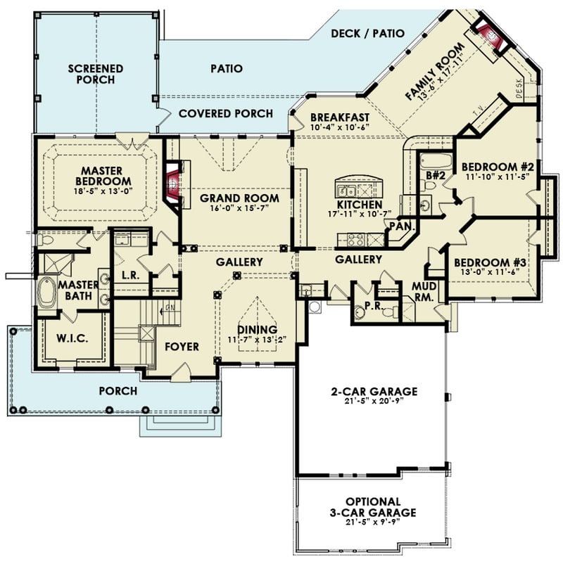 Plan 25823GE: 1-Story Craftsman Mountain House Plan with Angled Family Room - 2648 Sq Ft - Floor Plan - Main Level - Craftsman, Mountain, Rustic, Traditional