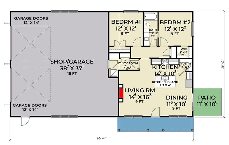 Plan 280206JWD: Barndominium-Style House Plan with 1380 Sq Ft of Garage and Shop Space - 1108 Sq Ft - Floor Plan - Main Level - Barndominium