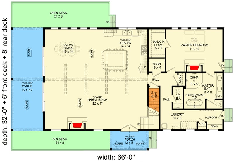 Plan 680323VR: 2-Story Lake House Plan with Vaulted Great Room and Lower Level Garage - Floor Plan - Main Level - Cottage, Country, Craftsman