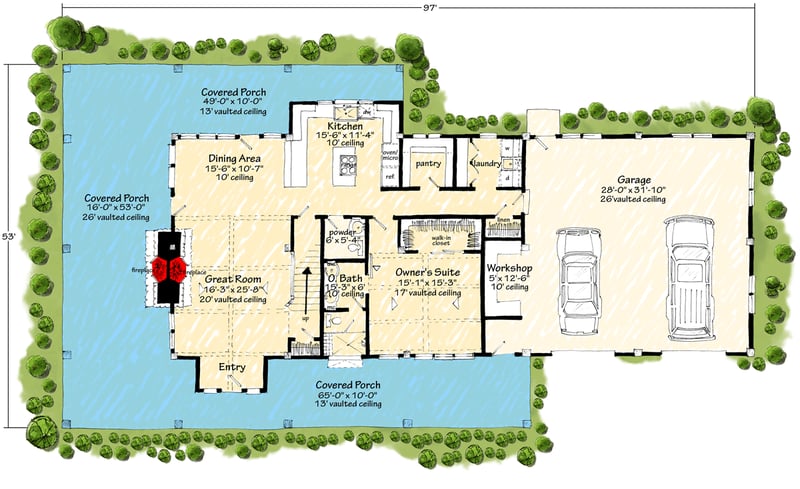 Plan 12977KN: 3-Bedroom Modern Farmhouse Barndominium House Plan with Wrap-Around Porch and 2-Car Garage - Floor Plan - Main Level - Barndominium, Country, Craftsman, Farmhouse, Modern Farmhouse, New American, Traditional