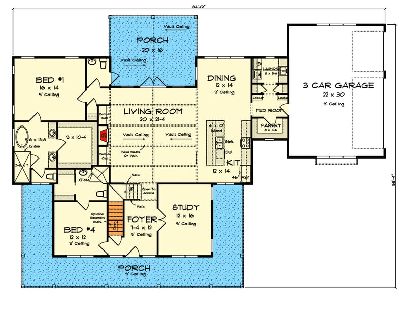 Plan 52350WM: Two-Story Farmhouse Plan with Vaulted Great Room and Wrap Around Porch - 2716 Sq Ft - Floor Plan - Main Level - Country, Farmhouse, Modern Farmhouse, New American, Traditional