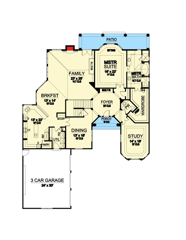Plan 36231TX: Stately Home Plan with Courtyard Style Entry - Floor Plan - Main Level - European, French Country, Mediterranean